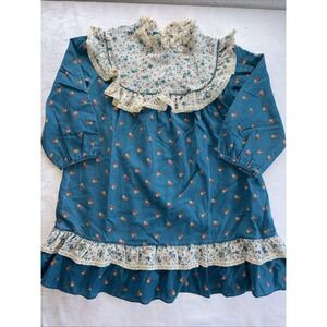 VTG Teal Floral Lace Trim Long Sleeve Prairie Dress Size 6x Made USA Caryn Lynn